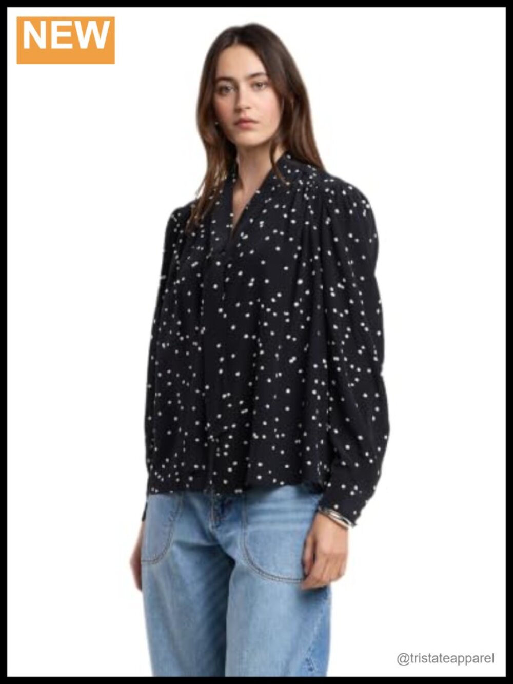 Silk Polka Dot Print Tie Neck Blouse Cuff Sleeve